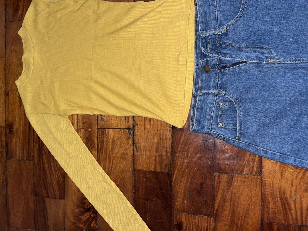 Yellow Turtleneck top (Category: Blouses) located in Manila. Submitted by declitterclutter (Listing ID 1433263215, Image 2). Description: - Yellow long-sleeved top with round neckline - Classic denim mini skirt - Button and zipper closure - Front and back pockets - Versatile for various looks.