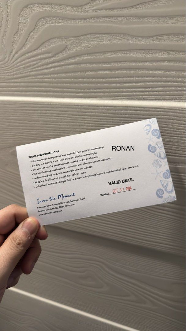 3D2N Belmont Hotel Boracay Gift Certificate (Category: Vouchers) located in Pasay City. Submitted by ronanandbeyond (Listing ID 1433569356, Image 2). Description: 🛒 FOR SALE 🛒 💰 3D2N Belmont Hotel Boracay Gift Certificate = Php 5,490 💎 Until Oct 31, 2026 📍Pasay Area 📌 Check all you want 💳 BPI or GCash 🛵 Pick up or Lalamove.
