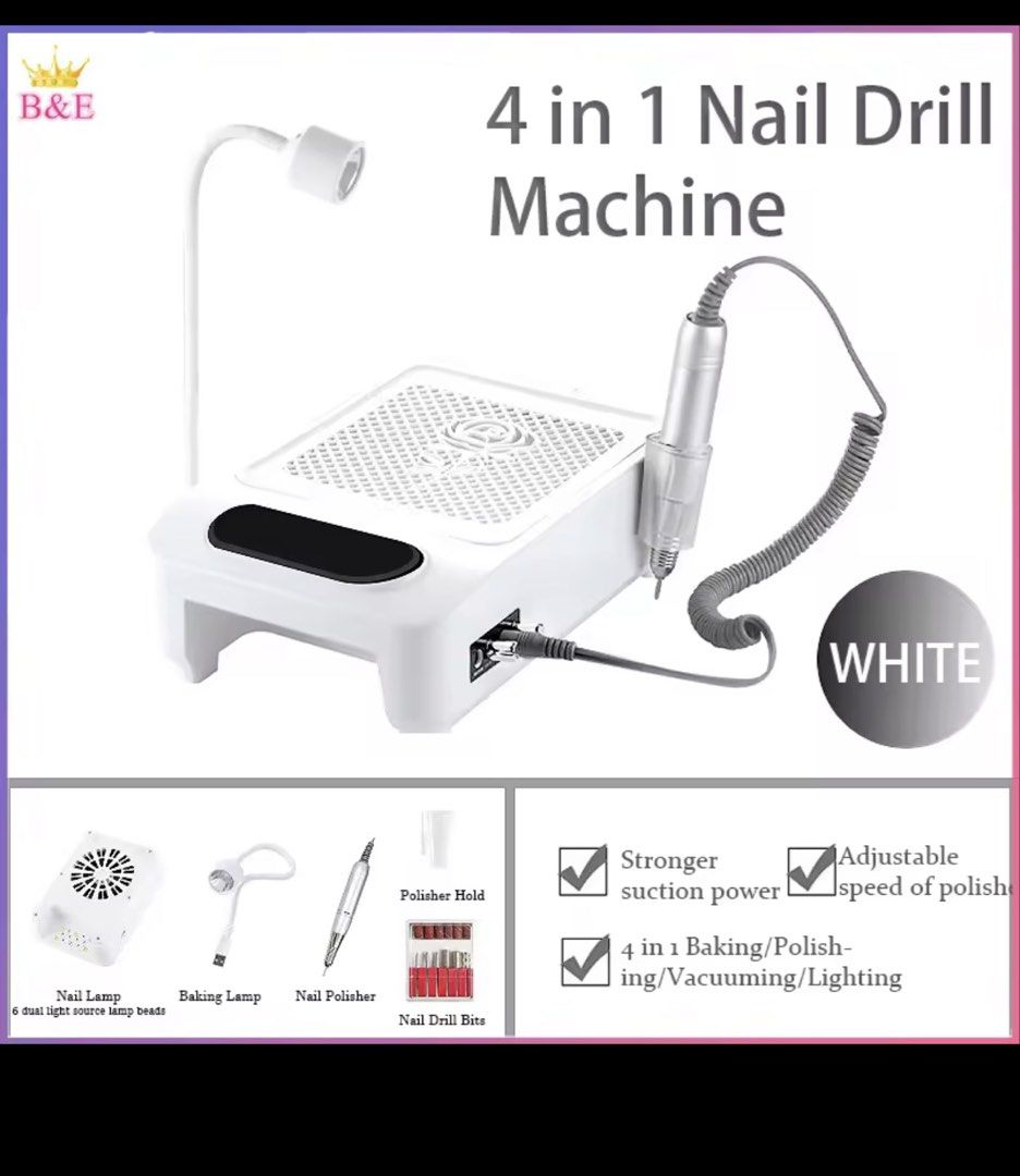 4-in-1 Nail Drill Machine (Category: Hands & Nails) located in Caloocan City. Submitted by xxnikkico (Listing ID 1433524488, Image 1). Description: - 4-in-1 Nail Drill Machine: Includes baking lamp, nail polisher, and vacuum function. - Adjustable Speed: Customize your manicure experience. - Strong Suction Power: Keeps your workspace clean. - Complete Set: Comes with nail drill bits and polisher holder. - Easy to Use: User-friendly design. - Fine