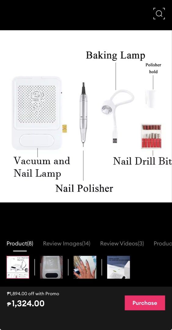 4-in-1 Nail Drill Machine (Category: Hands & Nails) located in Caloocan City. Submitted by xxnikkico (Listing ID 1433524488, Image 3). Description: - 4-in-1 Nail Drill Machine: Includes baking lamp, nail polisher, and vacuum function. - Adjustable Speed: Customize your manicure experience. - Strong Suction Power: Keeps your workspace clean. - Complete Set: Comes with nail drill bits and polisher holder. - Easy to Use: User-friendly design. - Fine