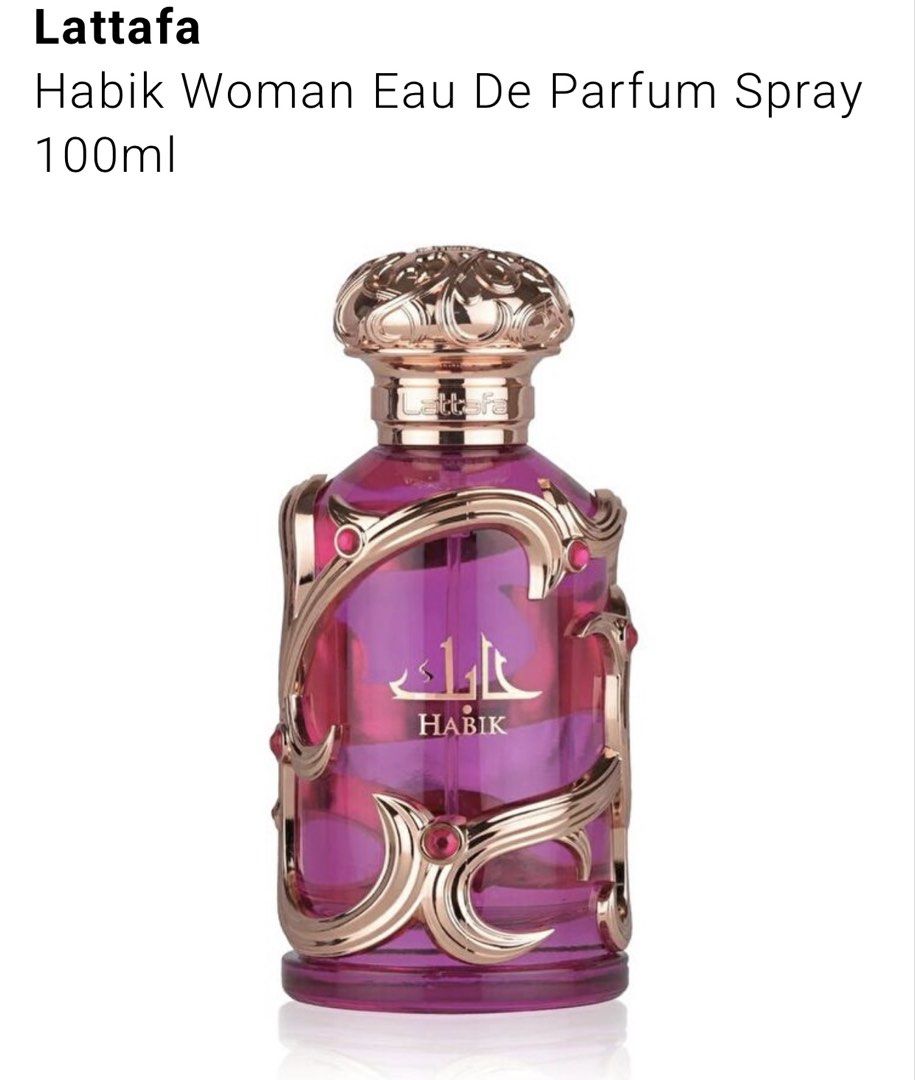AUTHENTIC. LATTAFA. HABIK WOMAN EU DE PARFUM (Category: Fragrance & Deodorants) located in Taguig. Submitted by dds16 (Listing ID 1433519236, Image 1). Description: floral fruity fragrance launched in 2025. It is often described as a long-lasting, fresh, and mass-appealing scent that serves as a “twist” on Versace Pour Femme Dylan Purple. Preloved. No box. Bought in Rustans. 99% pa yung laman. Decluttering. .
