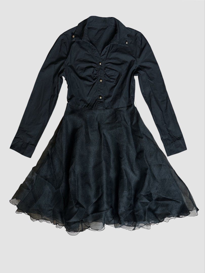 Black Dress with Long Sleeves (Category: Dresses) located in Manila. Submitted by _theselection.ph (Listing ID 1433514865, Image 1). Description: - Black dress - Long sleeves - Collared neckline - Ruched bodice with gold buttons - Flowing, layered skirt - Flattering silhouette - Ideal for special occasions and nights out.