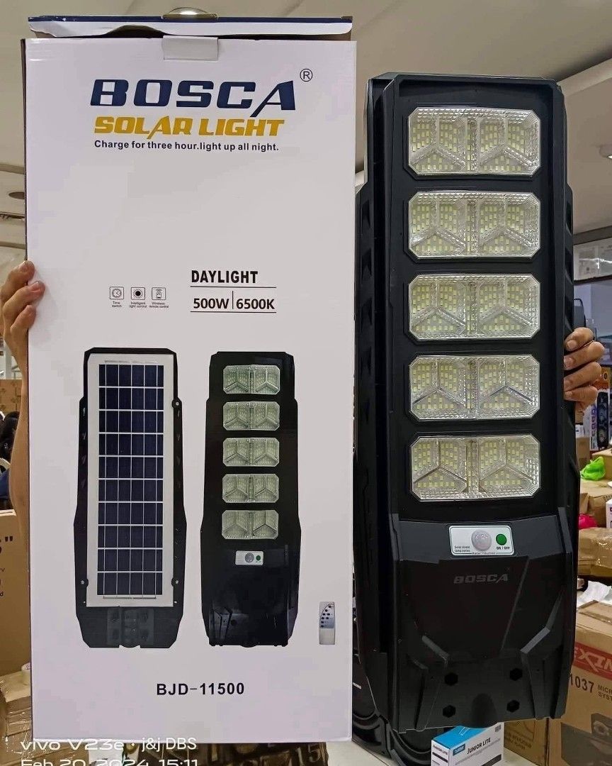 Bosca solar light (Category: Lighting) located in Manila. Submitted by saguittarian06 (Listing ID 1433490058, Image 1). Description: Bosca solar street light 300 watts P1550 400 watts P 1950 500 watts P 2,400.