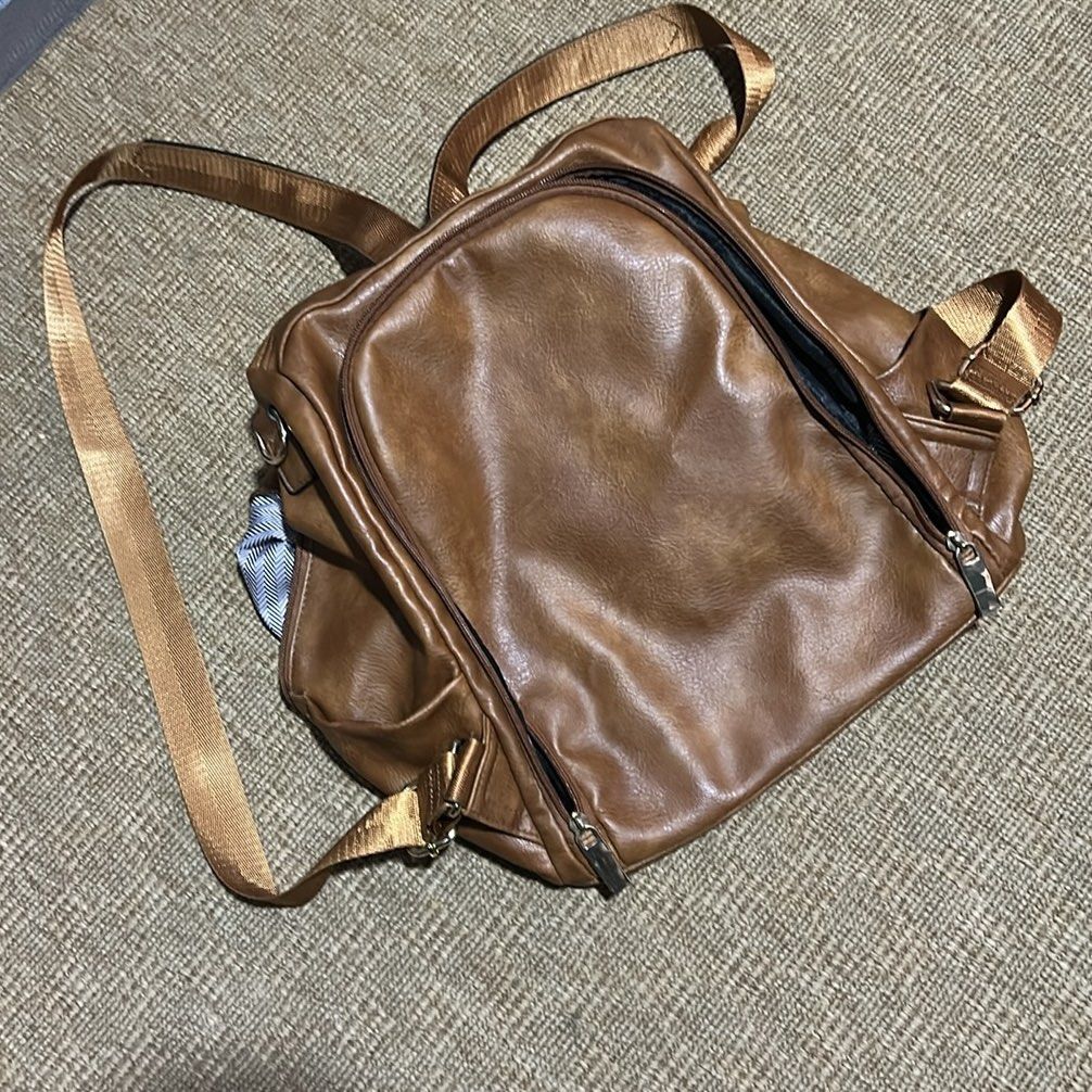 Brown Faux Leather Backpack (Category: Backpacks) located in Manila. Submitted by hhhopspp (Listing ID 1433553402, Image 1). Description: Faux Leather Backpack Excellent Condition Has multiple pockets inside and out Very sturdy and stylish.
