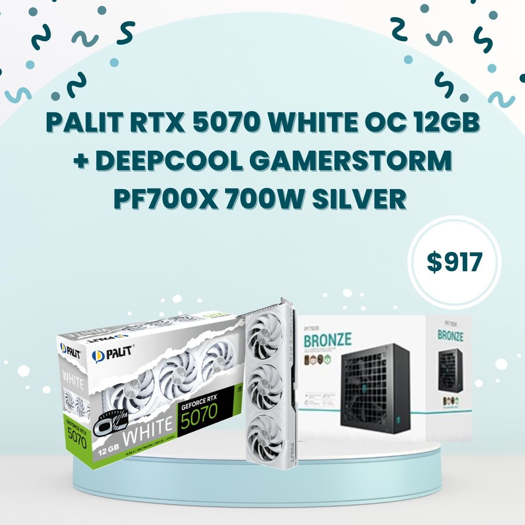 Bundle Promotion (Category: Other Accessories) located in Singapore. Submitted by tradepac (Listing ID 1433420521, Image 2). Description: BUNDLE PROMOS - 💥PALIT RTX 5070 INFINITY 3 12GB + DEEPCOOL GAMERSTORM PF700X 700W SILVER - $895 💥PALIT RTX 5070 WHITE OC 12GB + DEEPCOOL GAMERSTORM PF700X 700W SILVER - $917 💥ZOTAC GAMING RTX 5070 TWIN EDGE OC 12GB + DEEPCOOL GAMERSTORM PF700X 700W SILVER - $906 💥ZOTAC GAMING RTX 5070 SOLID OC 12GB + DEEPCO