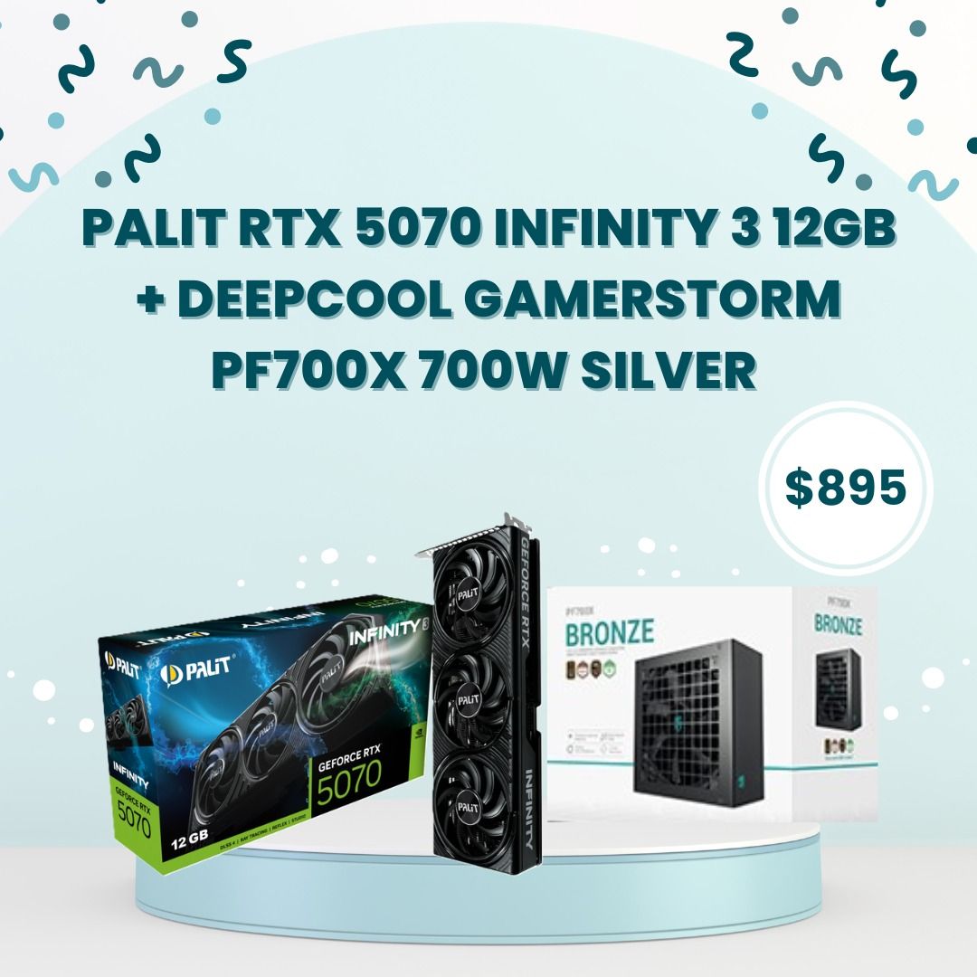 Bundle Promotion (Category: Other Accessories) located in Singapore. Submitted by tradepac (Listing ID 1433420521, Image 1). Description: BUNDLE PROMOS - 💥PALIT RTX 5070 INFINITY 3 12GB + DEEPCOOL GAMERSTORM PF700X 700W SILVER - $895 💥PALIT RTX 5070 WHITE OC 12GB + DEEPCOOL GAMERSTORM PF700X 700W SILVER - $917 💥ZOTAC GAMING RTX 5070 TWIN EDGE OC 12GB + DEEPCOOL GAMERSTORM PF700X 700W SILVER - $906 💥ZOTAC GAMING RTX 5070 SOLID OC 12GB + DEEPCO