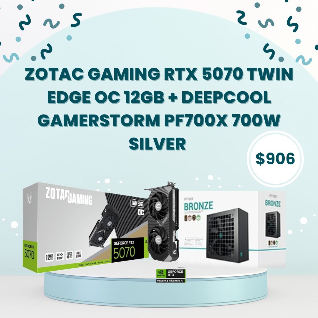 Bundle Promotion (Category: Other Accessories) located in Singapore. Submitted by tradepac (Listing ID 1433420521, Image 3). Description: BUNDLE PROMOS - 💥PALIT RTX 5070 INFINITY 3 12GB + DEEPCOOL GAMERSTORM PF700X 700W SILVER - $895 💥PALIT RTX 5070 WHITE OC 12GB + DEEPCOOL GAMERSTORM PF700X 700W SILVER - $917 💥ZOTAC GAMING RTX 5070 TWIN EDGE OC 12GB + DEEPCOOL GAMERSTORM PF700X 700W SILVER - $906 💥ZOTAC GAMING RTX 5070 SOLID OC 12GB + DEEPCO