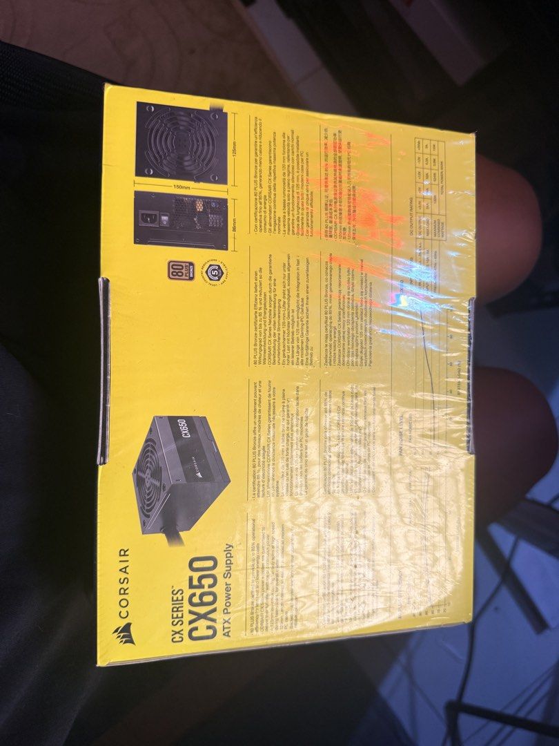 Corsair CX650 ATX Power Supply (Category: Computer Parts) located in Manila. Submitted by arsenndelacruz (Listing ID 1433426427, Image 2). Description: - Corsair CX650 ATX Power Supply - Part of the CX Series - ATX form factor - 80 Plus Bronze certified - Includes power supply unit and original packaging.