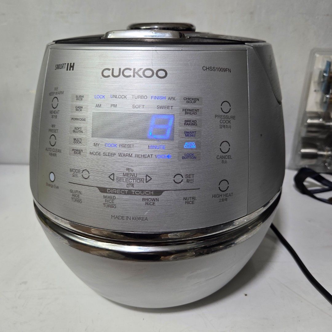 Cuckoo IH preassure Rice Cooker Model CHSS1009FN (Category: Cookers) located in Taguig. Submitted by roma2701 (Listing ID 1433456967, Image 2). Description: Used Imported unit from Australia 220V As is Where Is Test all you want 10-cup induction heating (IH) pressure rice cooker, often cited as one of the brand's top-tier models, featuring full stainless steel construction, 19+ menu options (including GABA and brown rice), and voice navigation in