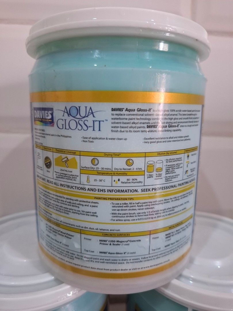 Davies Aqua Gloss-It Deep Forest Paint (Category: Construction & Building Materials) located in Tagaytay City. Submitted by tinecortez33 (Listing ID 1433405346, Image 3). Description: IMPORTANT : Php 300 per 1 liter ; Php850 bundle of 3 - Davies Aqua Gloss-It - Color : Deep Forest AG-304 - Type : High gloss, 100% water-based acrylic enamel - Key Features : Lead free ; Quick-drying ; Low odor - Drying Time : Typically ready within 24 hours - Suita