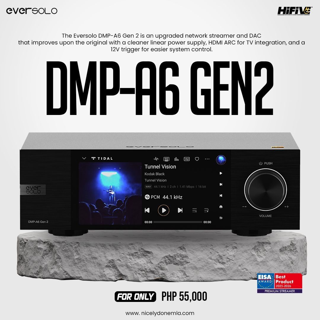 Eversolo DMP-A6 Gen 2 (Category: Soundbars, Speakers & Amplifiers) located in Quezon City. Submitted by hifivebynicelydone (Listing ID 1433413595, Image 1). Description: Upgrade your setup with the DMP-A6 Gen 2 — a refined all-in-one streamer and DAC built for clean, high-quality audio. Features a cleaner linear power supply, HDMI ARC for seamless TV integration, and a 12V trigger for easy system control. Perfect for modern hi-fi setups—minimal, 