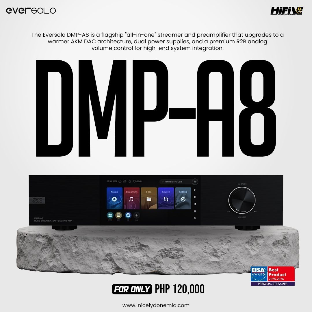 Eversolo DMP-A8 (Category: Soundbars, Speakers & Amplifiers) located in Quezon City. Submitted by hifivebynicelydone (Listing ID 1433415070, Image 1). Description: Step into high-end audio with the DMP-A8, all-in-one streamer & preamp with rich, refined sound and premium build. Made for high-end setups with upgraded DAC. 💬 Message for details and demo!.