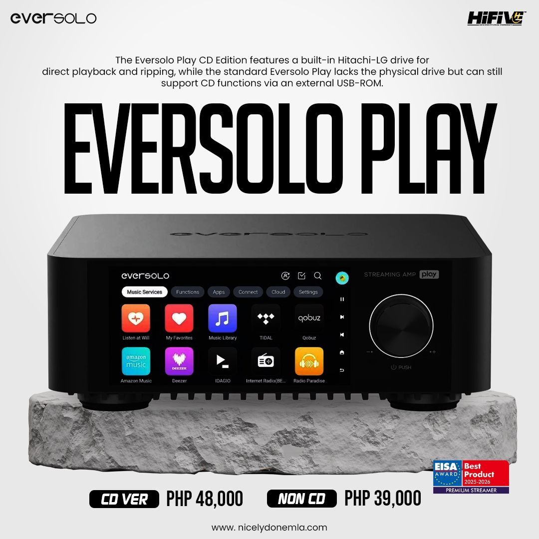 Eversolo Play CD Edition (Category: Soundbars, Speakers & Amplifiers) located in Quezon City. Submitted by hifivebynicelydone (Listing ID 1433414273, Image 1). Description: Eversolo Play Streaming Amp All-in-one streaming amp built for clean, modern setups. Enjoy your music in one sleek unit—no complicated gear needed. Choose your setup: • CD Version – built-in drive for direct CD playback & ripping • Non-CD Version – streamlined, with option for