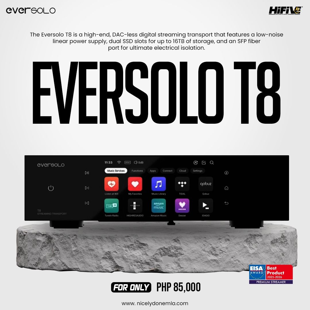 Eversolo T8 (Category: Soundbars, Speakers & Amplifiers) located in Quezon City. Submitted by hifivebynicelydone (Listing ID 1433408585, Image 1). Description: Experience pure digital performance with the Eversolo T8 — a premium DAC-less streamer built for serious audiophiles. Featuring a low-noise linear power supply, dual SSD slots (up to 16TB), and SFP fiber port for ultra-clean signal transmission. ✨ Award-winning performance (EISA Best Produ