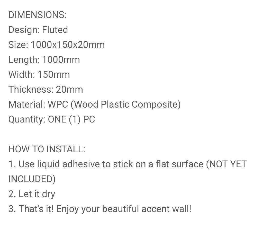 Fluted Wall Panel 1000x150x20mm (Category: Wall Decor) located in Malabon City. Submitted by ahmabanana (Listing ID 1433512775, Image 3). Description: - Fluted wall panels - Measurement - 1000x150x20mm - Waterproof, sun-proof, and anti-corrosion - Light brown - 16pcs.