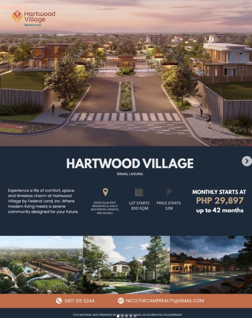 hartwood village binan laguna (Category: Lot) located in Makati City. Submitted by nicolasd.realestate (Listing ID 1433497210, Image 1). Description: Find your perfect space at Hartwood Village by Federal Land, Inc. Offering premium residential lots in a peaceful, well-planned community with easy access to major roads and key destinations. Making everyday living seamless and convenient. Flexible payment options of up to 42 months 📲 MESSAGE ME TO