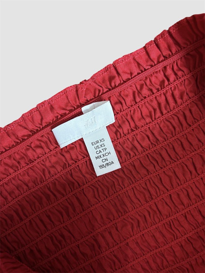 H&M Off-Shoulder Maxi Dress (Category: Dresses) located in Manila. Submitted by _theselection.ph (Listing ID 1433513998, Image 2). Description: H&M red maxi dress. Off-shoulder with short sleeves and smocked bodice. Full skirt. Size: EUR XS..