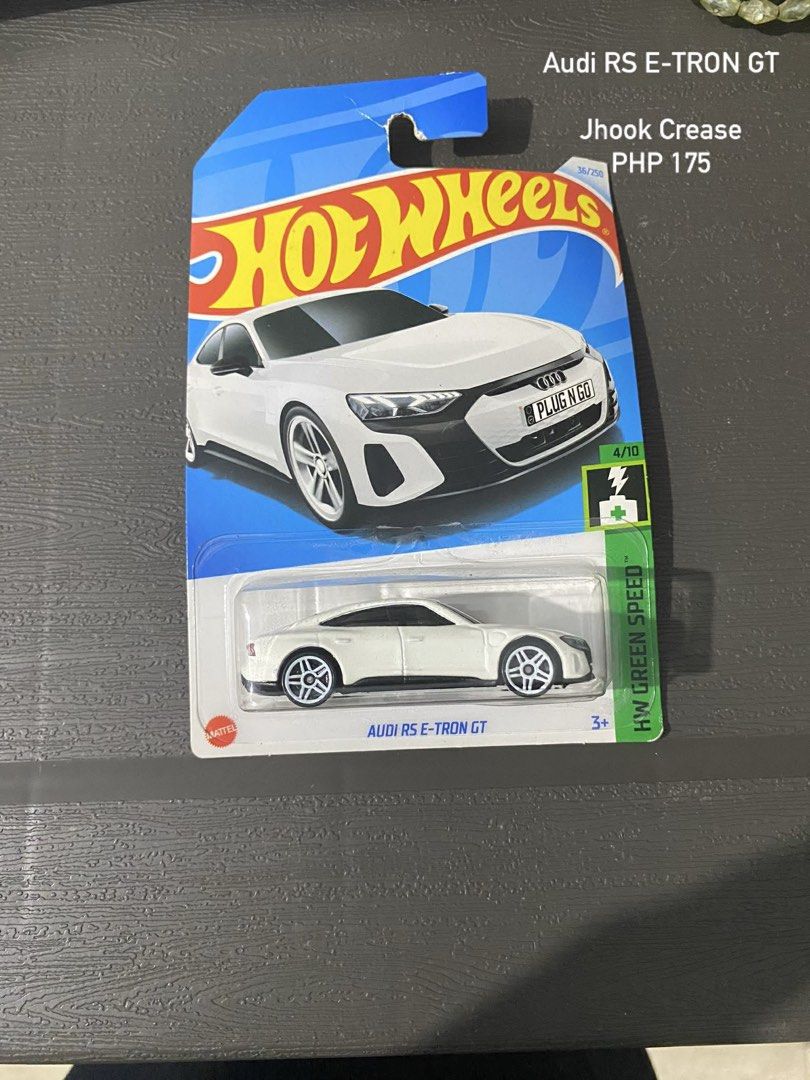 Hot Wheels Audi RS E-TRON GT (Category: Vehicle & Diecast Models) located in Manila. Submitted by justin.580 (Listing ID 1433446056, Image 1). Description: - Hot Wheels Audi RS e-tron GT - Part of the HW Green Speed series - Color: White - Features the Audi logo - Packaging condition: J-hook crease - Price: PHP 175.
