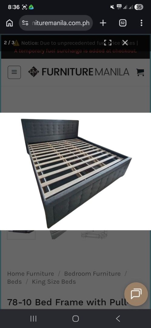 King Size Bed Frame with Pull-Out (Category: Bed Frames & Mattresses) located in Makati City. Submitted by alexi_l (Listing ID 1433438002, Image 2). Description: - King-size bed frame - Dark grey upholstered design - Tufted headboard - Pull-out drawers for storage - With pull out single bed - Wooden slat base - Mattress, bed rail, and bedding not included no lowballers please.