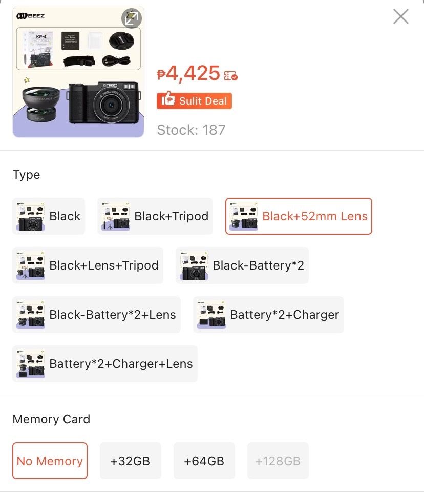 KitBeez KP-4 Digital Camera with 52mm Lens (Category: Cameras) located in Malinao. Submitted by rn_gen (Listing ID 1433546831, Image 3). Description: KitBeez KP-4 digital camera! - Features: - One-touch wide-angle flash - 180-degree flip screen - WiFi connectivity - Macro lens - Includes: 52mm lens, battery, and other accessories. - Color: Black. -With free 128 gb Memory card.