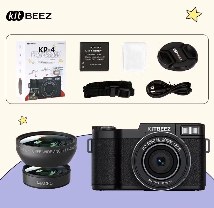 KitBeez KP-4 Digital Camera with 52mm Lens (Category: Cameras) located in Malinao. Submitted by rn_gen (Listing ID 1433546831, Image 2). Description: KitBeez KP-4 digital camera! - Features: - One-touch wide-angle flash - 180-degree flip screen - WiFi connectivity - Macro lens - Includes: 52mm lens, battery, and other accessories. - Color: Black. -With free 128 gb Memory card.