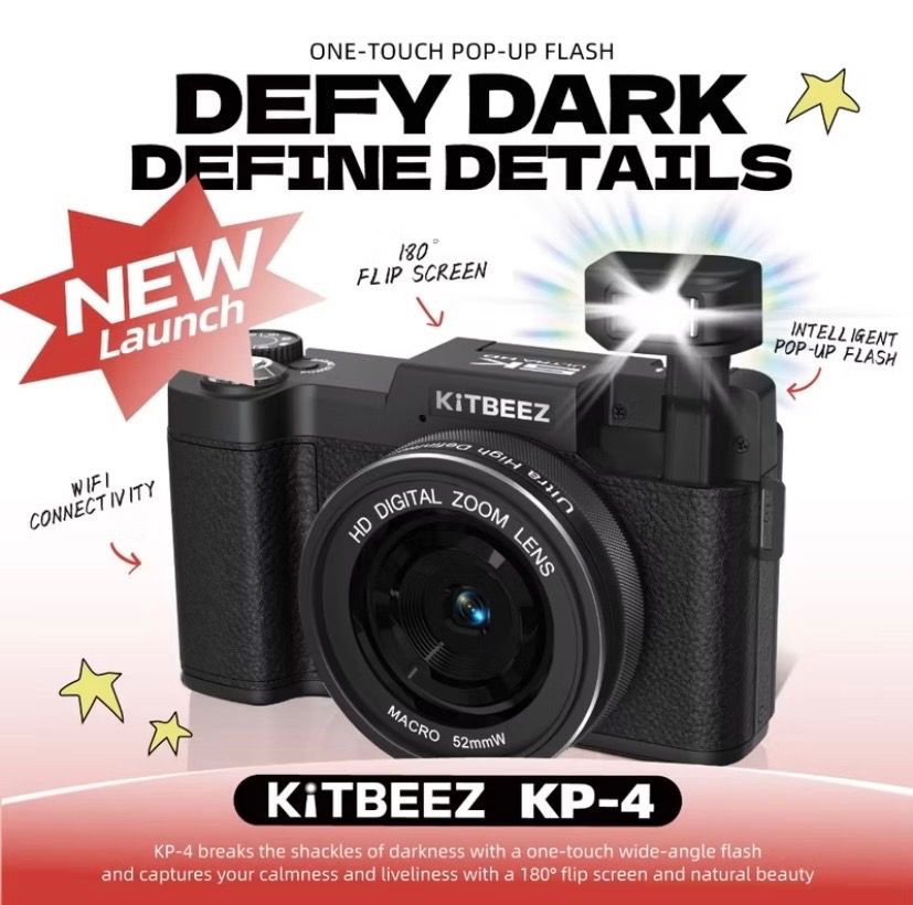 KitBeez KP-4 Digital Camera with 52mm Lens (Category: Cameras) located in Malinao. Submitted by rn_gen (Listing ID 1433546831, Image 1). Description: KitBeez KP-4 digital camera! - Features: - One-touch wide-angle flash - 180-degree flip screen - WiFi connectivity - Macro lens - Includes: 52mm lens, battery, and other accessories. - Color: Black. -With free 128 gb Memory card.