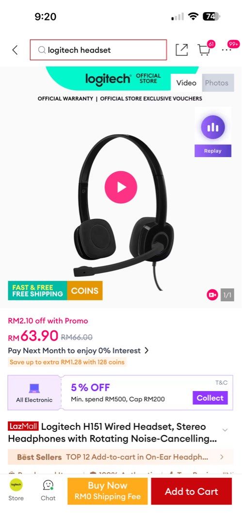 Logitech headset (Category: Headphones & Headsets) located in Skudai. Submitted by csl0410 (Listing ID 1433408859, Image 3). Description: RM45 including postage Completely new Bought extra .