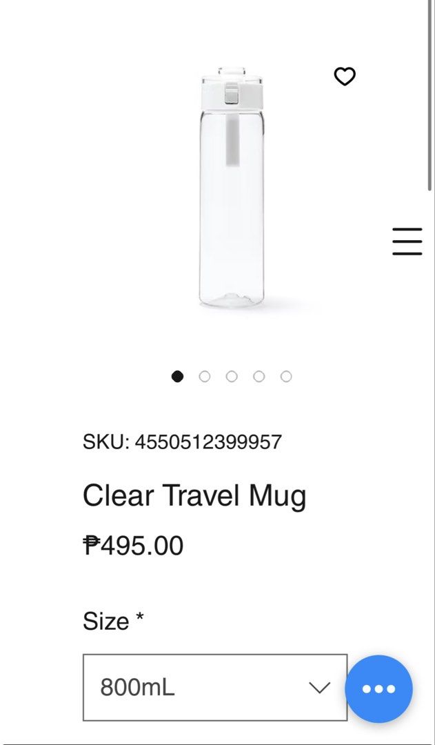 Muji Clear Travel Mug 800ml (Category: Water Bottles & Tumblers) located in Manila. Submitted by stuffbyabby (Listing ID 1433420150, Image 3). Description: AVAILABLE AND LAST PRICE na. Low ballers will be ignored. If hindi afford, wag na mag inquire. Don’t waste time asking if available pa. It’s available as long as this post is not marked sold and interested buyers haven’t paid. RFS: Never used. Too many bottles. Once you “Make Offer”, please se