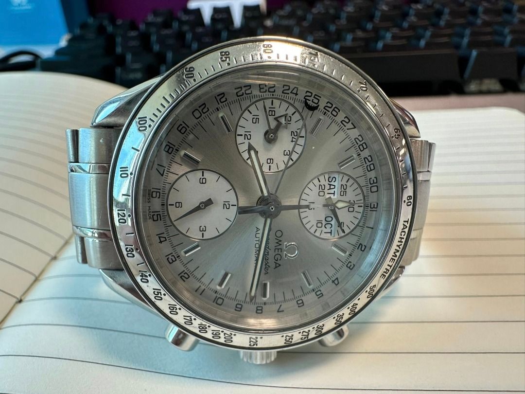 Omega Speedmaster Day-Date (Triple Date) – Ref. 3523.30.00 (Category: Luxury Watches) located in Manila. Submitted by b0b3rts (Listing ID 1433532420, Image 2). Description: Selling a classic and underrated Omega Speedmaster with full calendar complication — perfect for collectors or daily wear. ✨ Watch Details: Movement: Automatic (Cal. 1151) Case Size: 39mm Material: Stainless Steel Crystal: Sapphire Functions: Chronograph, Day, Date (pointer), 