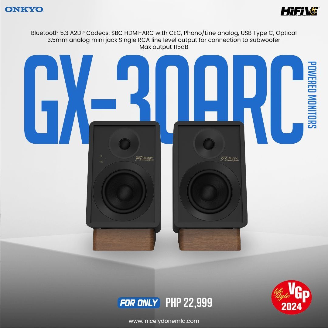 Onkyo GX-30ARC (Category: Soundbars, Speakers & Amplifiers) located in Quezon City. Submitted by hifivebynicelydone (Listing ID 1433449744, Image 1). Description: Compact, clean, and ready for everything. The GX-30ARC delivers bigger, fuller sound with modern connectivity—perfect for desktops, TVs, and daily listening. ✔ Powered speakers—no amp needed ✔ HDMI ARC for easy TV connection ✔ Bluetooth + USB-C, optical, RCA inputs ✔ Strong, room-fillin