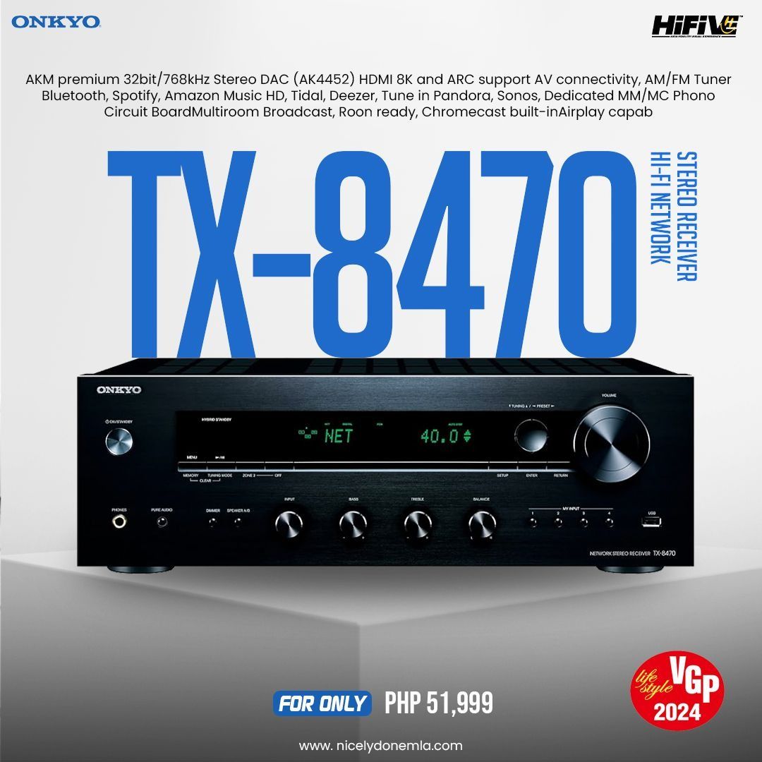 Onkyo TX-8470 (Category: Soundbars, Speakers & Amplifiers) located in Quezon City. Submitted by hifivebynicelydone (Listing ID 1433444269, Image 1). Description: ONKYO TX-8470 STEREO NETWORK RECEIVER 🔊 Pure hi-fi with modern streaming. The TX-8470 delivers clean, detailed stereo sound with powerful amplification and all the connectivity you need. ✔ High-quality stereo performance ✔ Built-in streaming (Spotify, AirPlay, Chromecast) ✔ Premium DAC 