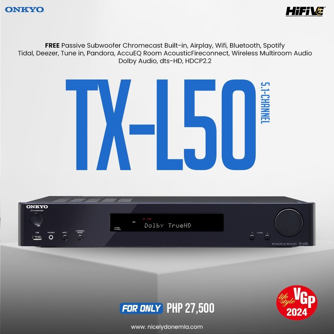 Onkyo TX-L50 (Category: Soundbars, Speakers & Amplifiers) located in Quezon City. Submitted by hifivebynicelydone (Listing ID 1433451872, Image 1). Description: Bring cinematic sound home with the Onkyo TX-L50 Network AV Receiver 🎶🎬. Enjoy powerful 5.1-channel audio with Dolby TrueHD, plus seamless streaming via WiFi, AirPlay, Chromecast, and Bluetooth. Comes with a FREE passive subwoofer for deeper, richer bass—perfect for movies and music. 📦