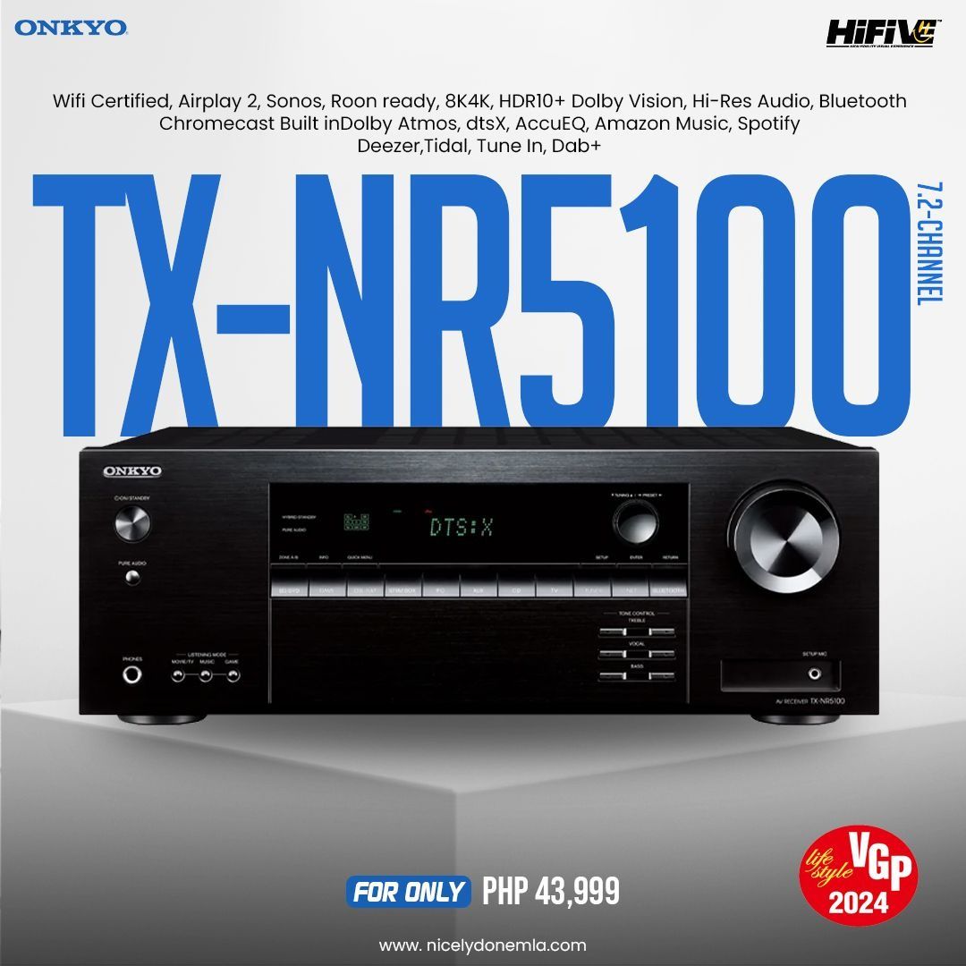 Onkyo TX-NR5100 (Category: Soundbars, Speakers & Amplifiers) located in Quezon City. Submitted by hifivebynicelydone (Listing ID 1433451283, Image 1). Description: Experience powerful 7.2-channel surround sound with Dolby Atmos & DTS:X, plus seamless streaming via WiFi, AirPlay 2, Chromecast, and Bluetooth. Enjoy stunning 8K/4K visuals and rich Hi-Res Audio—all in one smart receiver. 📦 Brand new, ready for setup Send a message now to reserve you