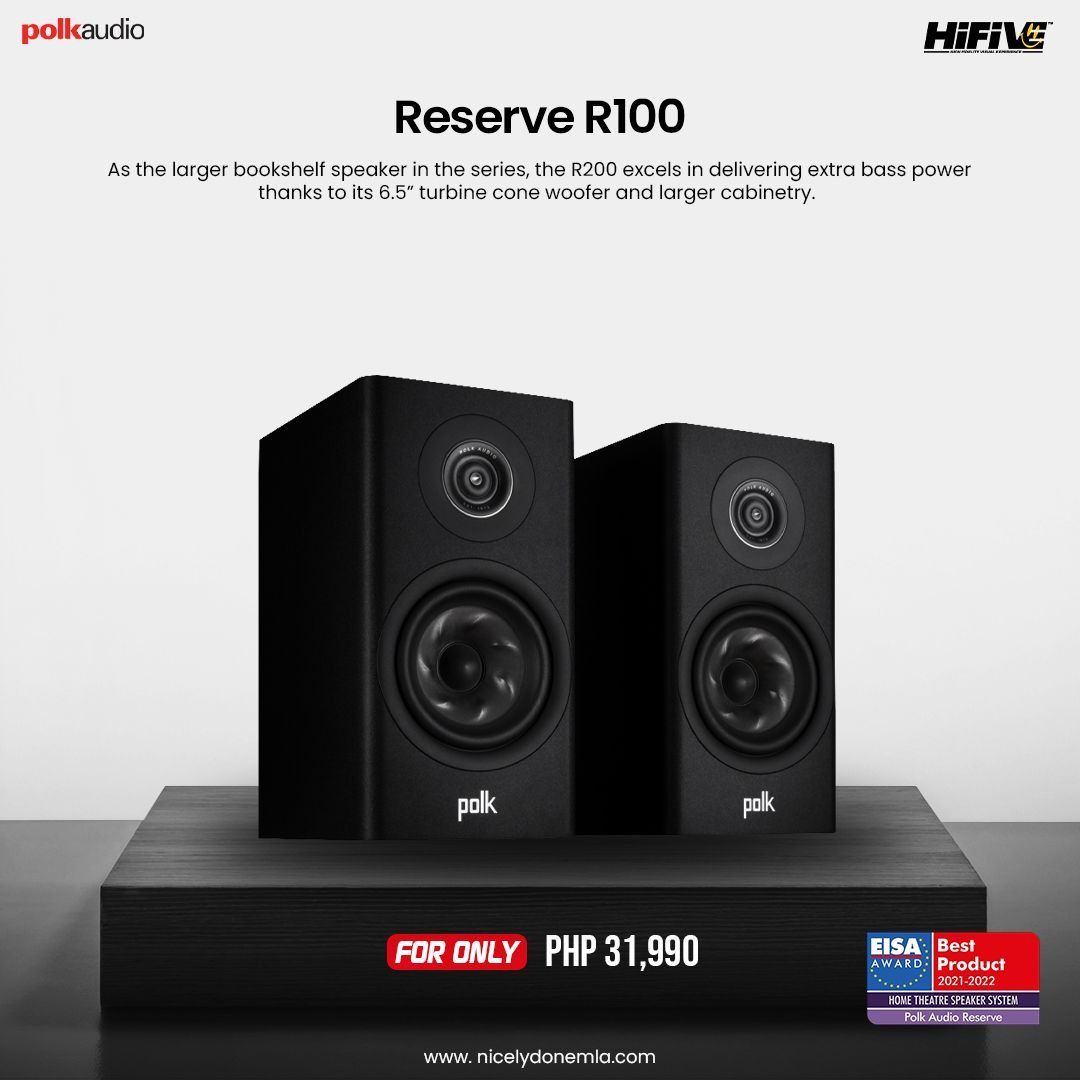 Polk Audio Reserve 100 (Category: Soundbars, Speakers & Amplifiers) located in Quezon City. Submitted by hifivebynicelydone (Listing ID 1433428818, Image 1). Description: POLK RESERVE R100 BOOKSHELF SPEAKERS 🔊 Upgrade your setup with clean, detailed sound in a compact form. The Polk R100 delivers rich mids, crisp highs, and surprisingly deep bass for its size—perfect for music, movies, or everyday listening. Message us for orders and bundle opti