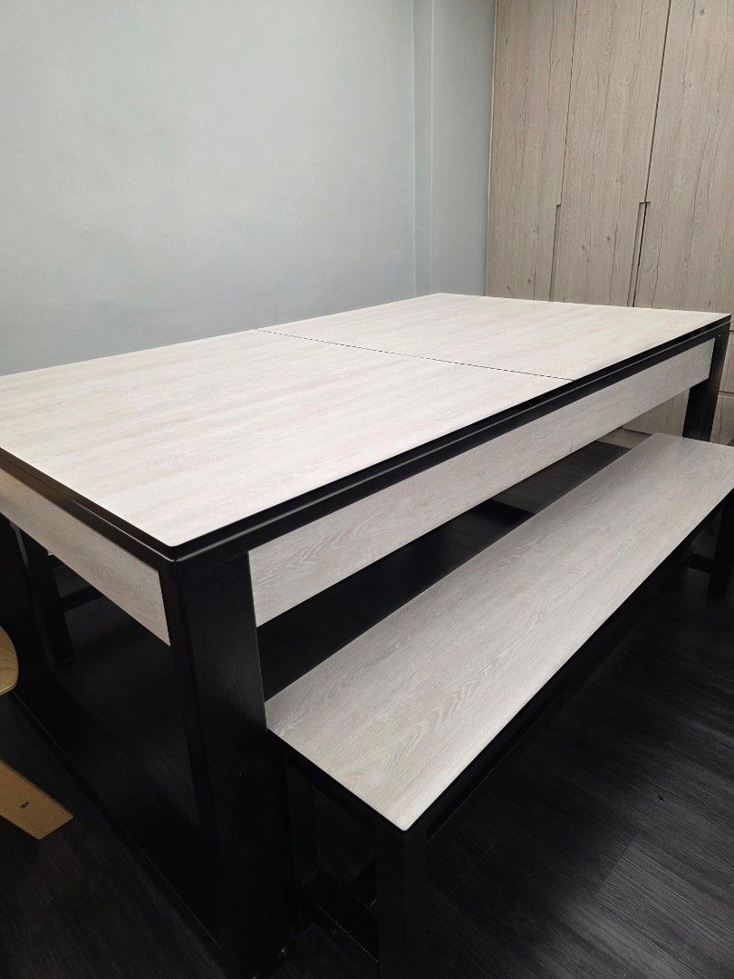 Dining table + Pool table (Category: Tables & Sets) located in Singapore. Submitted by zuluechoecho13 (Listing ID 1433515189, Image 3). Description: Dining table + Pool Table all in one. Includes a full set of pool balls, two cues, and a triangle rack. 2 benches also included. The table features a light wood finish with a black frame and black felt. Perfect for game nights! 6ft (183cm(L) x 106cm(W) x 81cm(H) arrange own delivery please.