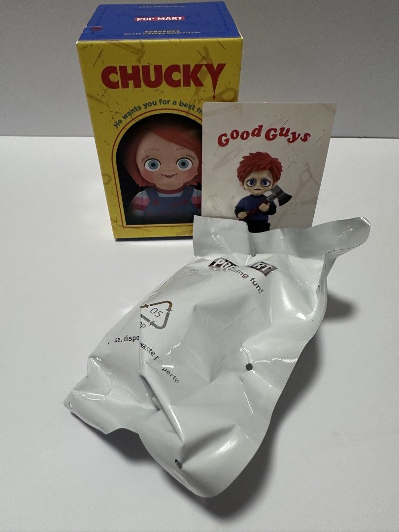 Pop Mart Chucky Good Guys Figure glen (Category: Designer & Blind Box Toys) located in San Juan City. Submitted by vrgyl (Listing ID 1433475952, Image 1). Description: - Pop Mart Chucky Good Guys figure - Character: Seed of Chucky Glen - Still sealed in original packaging - Includes original box (opened) - Comes with character card - Box shows other figures in the series.