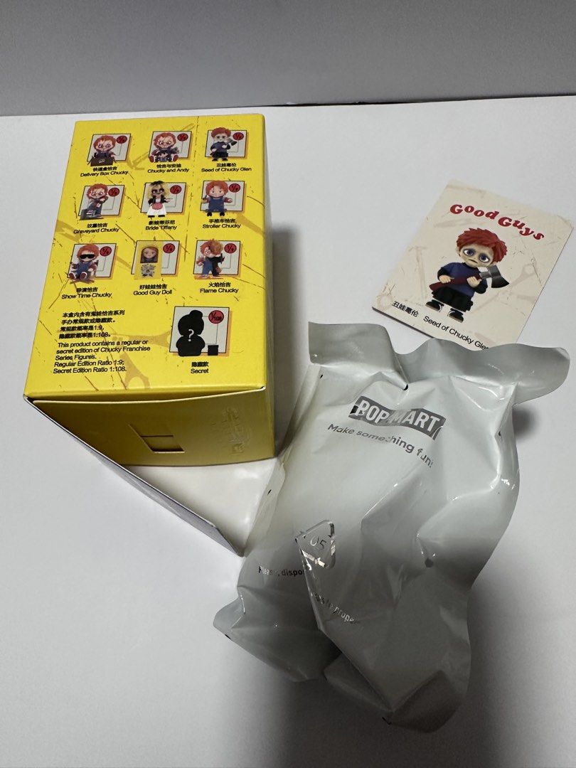Pop Mart Chucky Good Guys Figure glen (Category: Designer & Blind Box Toys) located in San Juan City. Submitted by vrgyl (Listing ID 1433475952, Image 3). Description: - Pop Mart Chucky Good Guys figure - Character: Seed of Chucky Glen - Still sealed in original packaging - Includes original box (opened) - Comes with character card - Box shows other figures in the series.