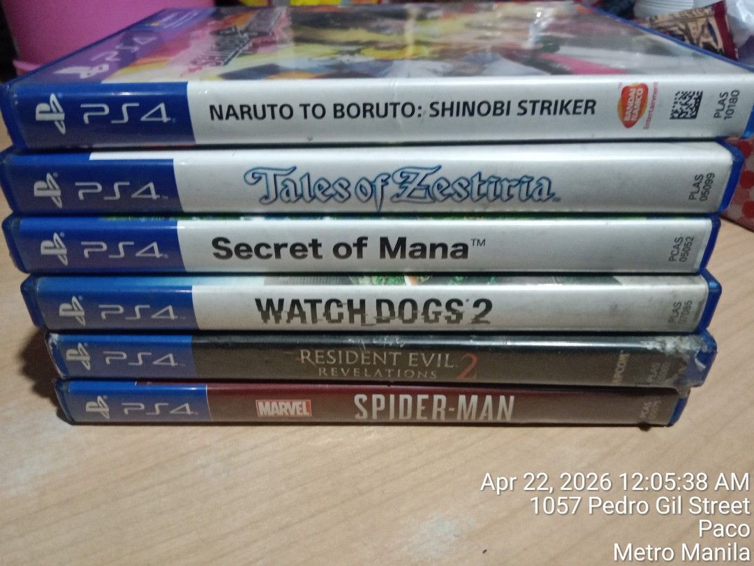 PS4 Games package sale (Category: PlayStation) located in Manila. Submitted by gilbert2021 (Listing ID 1433558607, Image 1). Description: Selling a bundle of PS4 games including Naruto to Boruto: Shinobi Striker, Tales of Zestiria, Secret of Mana, Watch Dogs 2, Resident Evil Revelations 2, and Marvel Spider-Man. All games are for the PlayStation 4 console. Perfect for any gamer looking to expand their collection with these titles..