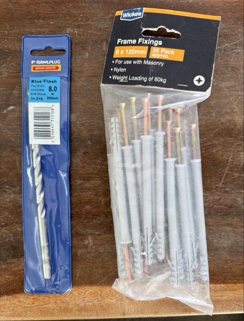 Rawlplug Blue Flash Drill Bit & Wickes Frame Fixings (Category: Construction Tools & Equipment) located in Calamba. Submitted by transitory (Listing ID 1433503903, Image 1). Description: For Sale as set: RAWLPLUG Mason Master Blue Flash Drill Bit An 8 mm x 200 mm long drill bit for drilling into brick, concrete, and stone Wickes Frame Fixing 8 mm x 120 mm (25 pack approximate) Brand New For use with Masonry Weight Loading 60kg Both for ₱700 only 