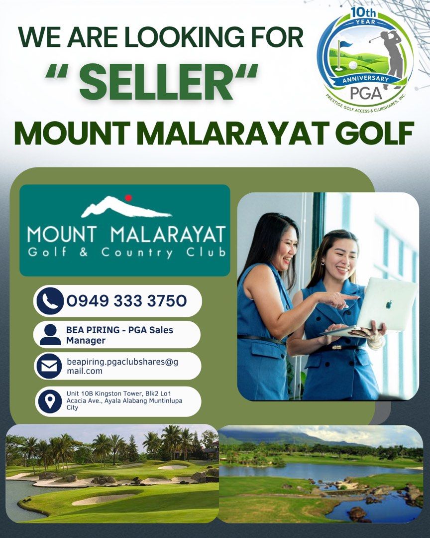 SELLER MOUNT MALARAYAT GOLF (Category: Golf) located in Muntinlupa City. Submitted by beapring.pgaclubshares (Listing ID 1433408919, Image 1). Description: ⛳️ Looking to Sell your Mount Malarayat shares? We have a ready and serious buyer! 🏌️‍♂️⛳️ 📲 For inquiries and sample breakdown, message: BEA PIRING - Sales Manager #malarayatgolfandcountryclub #mtmalarayat #golfsharesph #golfph.