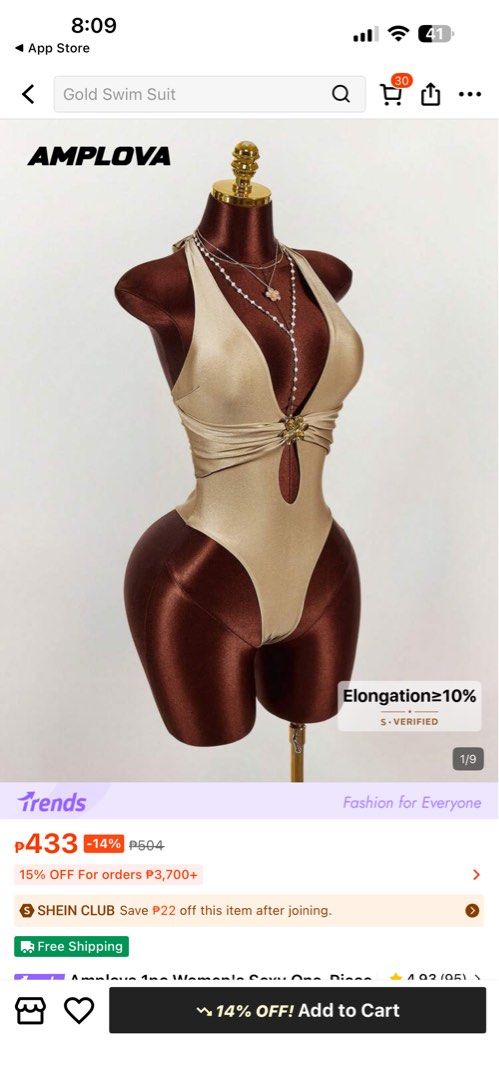 shein body suit swimsuit (Category: Bikinis & Swimsuits) located in Manila. Submitted by cvntlab (Listing ID 1433455907, Image 2). Description: used only once no issue - Made from a smooth, possibly stretchy material - Decorative gold accent on the front.