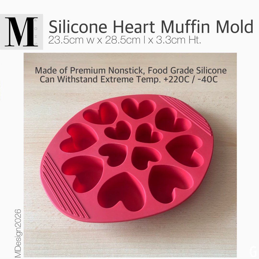 Silicone Heart-Shaped Muffin Mold (Category: Bakeware) located in Manila. Submitted by mshopmla (Listing ID 1432908936, Image 2). Description: Silicone Heart Shaped Muffin Mold Size 23.5cm W x 28.5cm L x 3.3cm H Product Code: SHSMM-1 Price: Php 325.00 each #heartmuffinmold #cakemold #MShop #MShopmla #theMFMshop.