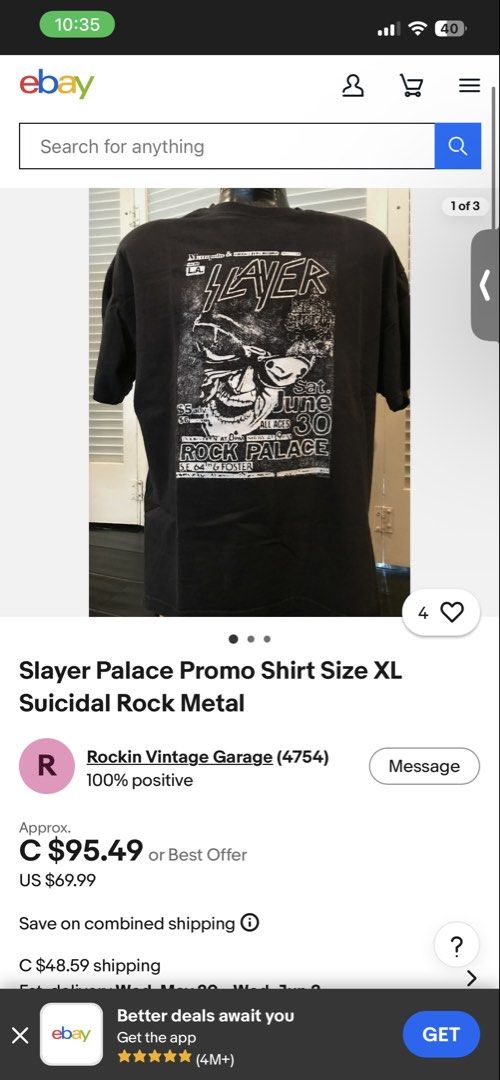 Slayer Rock Palace Concert Tee (Category: Tshirts & Polo Shirts ) located in Manila. Submitted by meloraye_14 (Listing ID 1433549533, Image 2). Description: - Vintage Slayer concert t-shirt - Features a skull graphic and the band's logo - Black color - Advertises a show at Rock Palace on June 30 - semi large.
