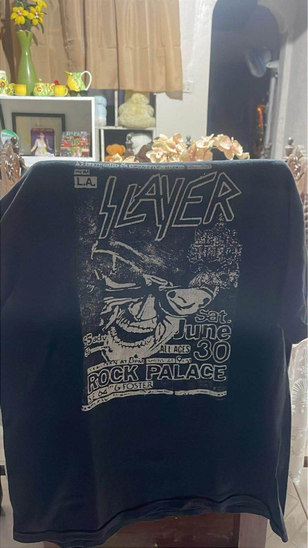 Slayer Rock Palace Concert Tee (Category: Tshirts & Polo Shirts ) located in Manila. Submitted by meloraye_14 (Listing ID 1433549533, Image 1). Description: - Vintage Slayer concert t-shirt - Features a skull graphic and the band's logo - Black color - Advertises a show at Rock Palace on June 30 - semi large.