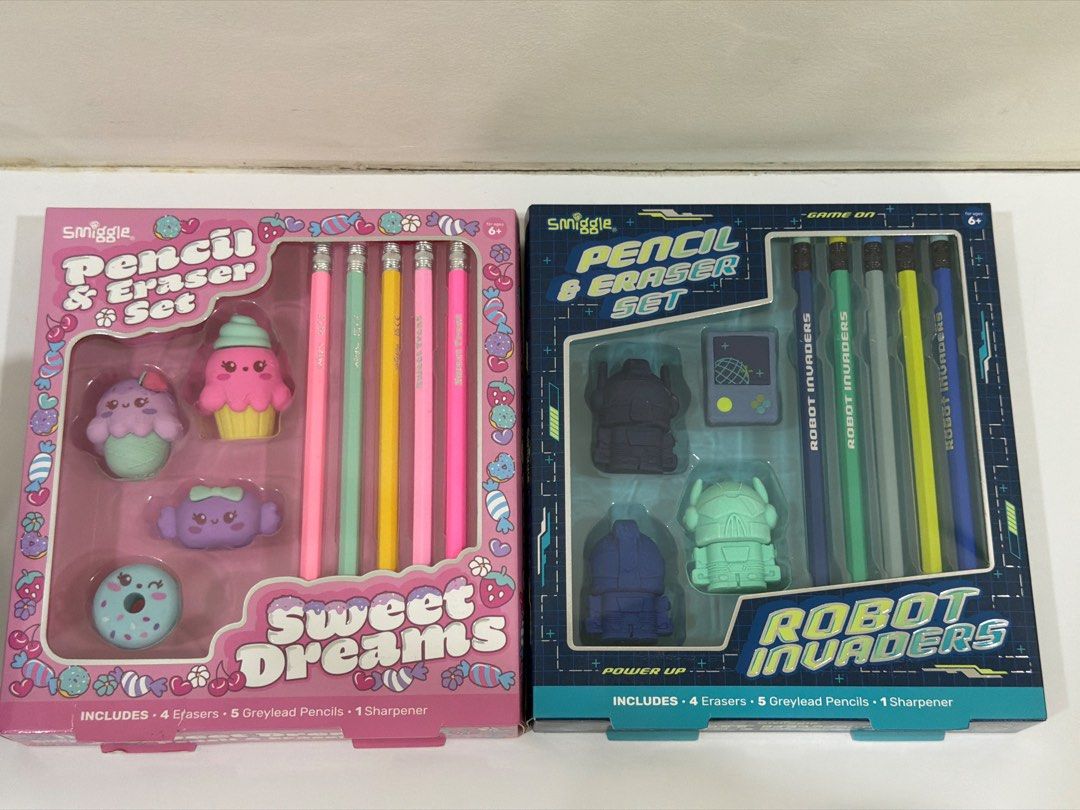 Smiggle Pencil & Eraser Set - Sweet Dreams & Robot Invaders (Category: Stationery & School Supplies) located in Singapore. Submitted by zhang1h (Listing ID 1433460219, Image 1). Description: Brand new Smiggle Pencil & Eraser Sets. Includes erasers, pencils, and a sharpener. Choose from Sweet Dreams or Robot Invaders designs. Perfect for school or as a gift. Each set is unopened and ready to use. Original price $15 each, selling at $8 each, have 4