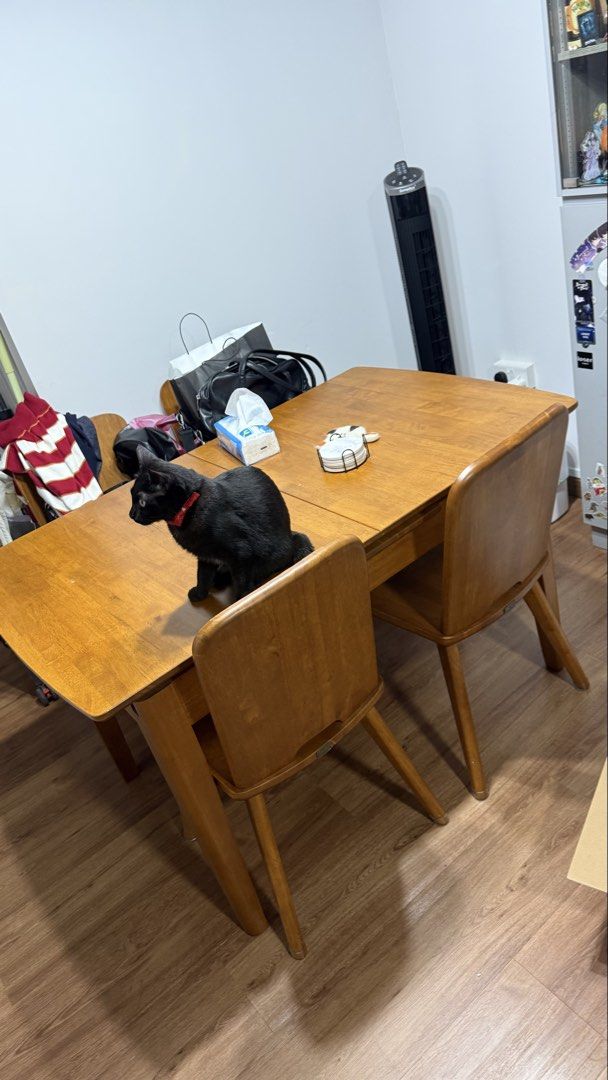 Solid wood extendable table (Category: Tables & Sets) located in Singapore. Submitted by melcrazychan (Listing ID 1433507196, Image 1). Description: Solid wood table and chairs, owned for almost 3 years. Rough Dimensions: ~130cm (before extending) ~162cm (after extending) W ~80cm H ~76cm There are visible scratches and indents from regular use. I’m not sure how you can dismantle since there is the mechanism underneath to extend. Originally bought