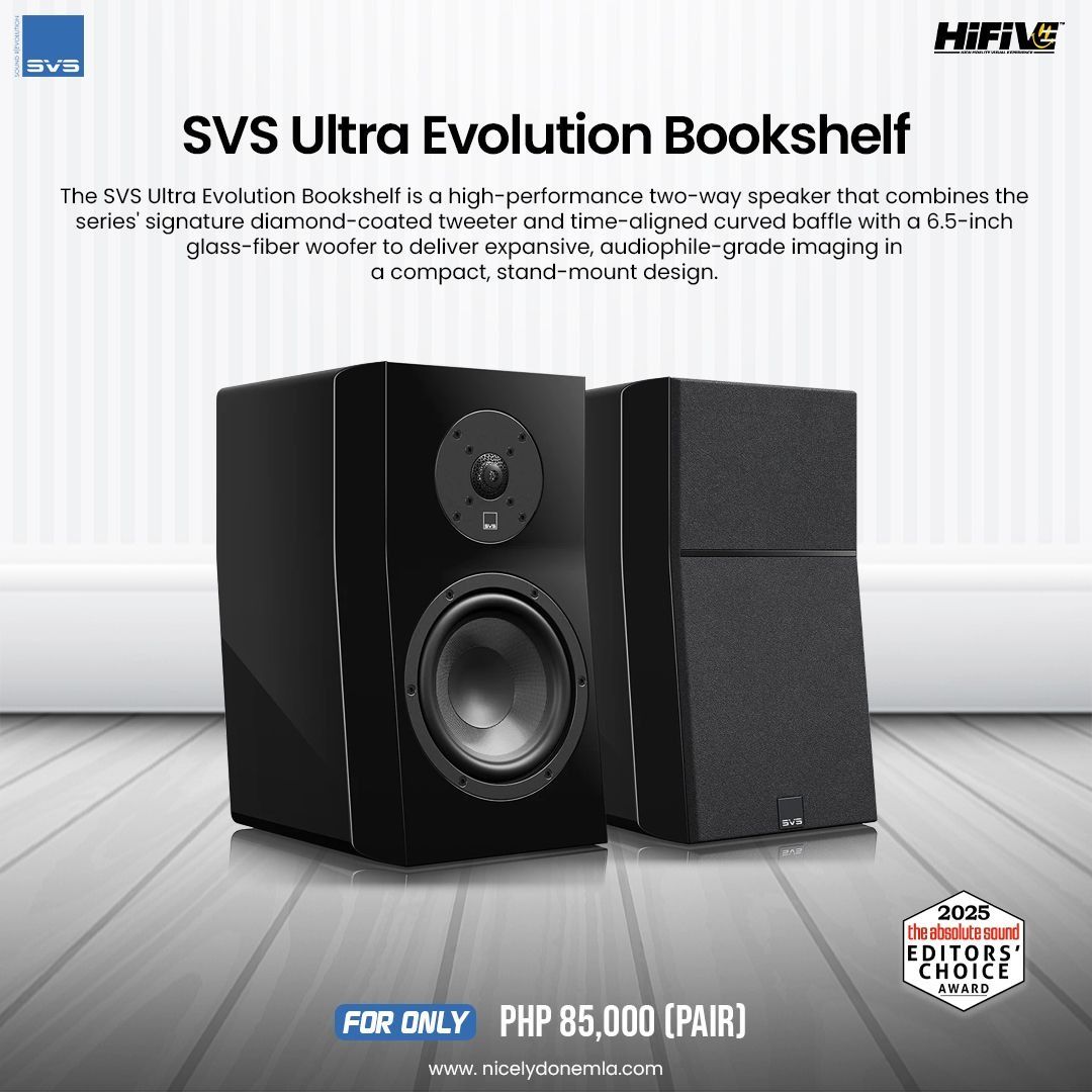 SVS Ultra Evolution Bookshelf (Category: Soundbars, Speakers & Amplifiers) located in Quezon City. Submitted by hifivebynicelydone (Listing ID 1433463080, Image 1). Description: Compact size, serious performance. These deliver wide soundstage, clean detail, and surprisingly deep bass—perfect for hi-fi listening or as part of a full home theater. ✔ Expansive imaging in a compact design ✔ Clear highs, rich mids, tight bass ✔ Ideal for music or surr