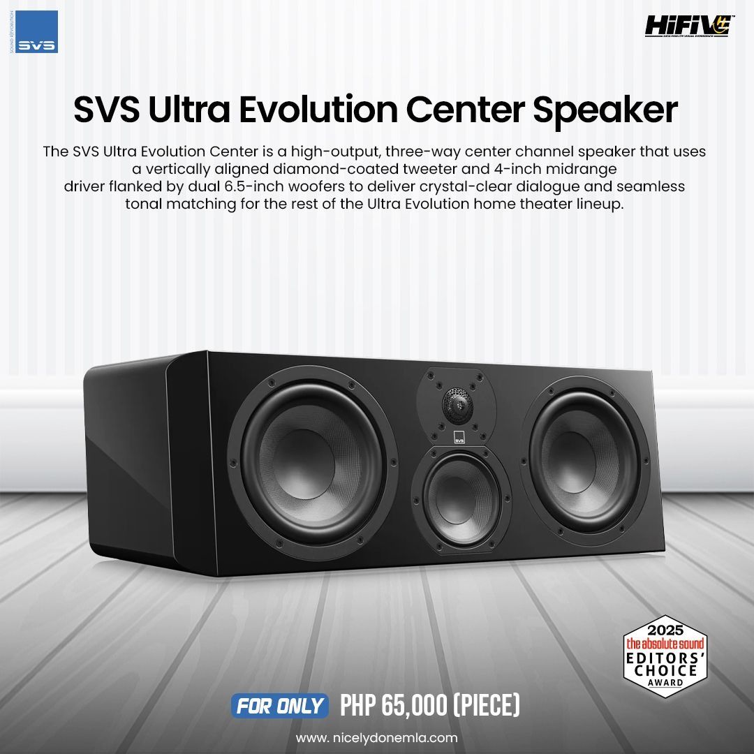 SVS Ultra Evolution Center Speaker (Category: Soundbars, Speakers & Amplifiers) located in Quezon City. Submitted by hifivebynicelydone (Listing ID 1433460939, Image 1). Description: SVS ULTRA EVOLUTION CENTER SPEAKER 🔊 Clear dialogue, front and center. This 3-way center delivers powerful, detailed vocals with seamless matching across your system—built for serious home theater setups. ✔ Crystal-clear dialogue and vocals ✔ 3-way design for better