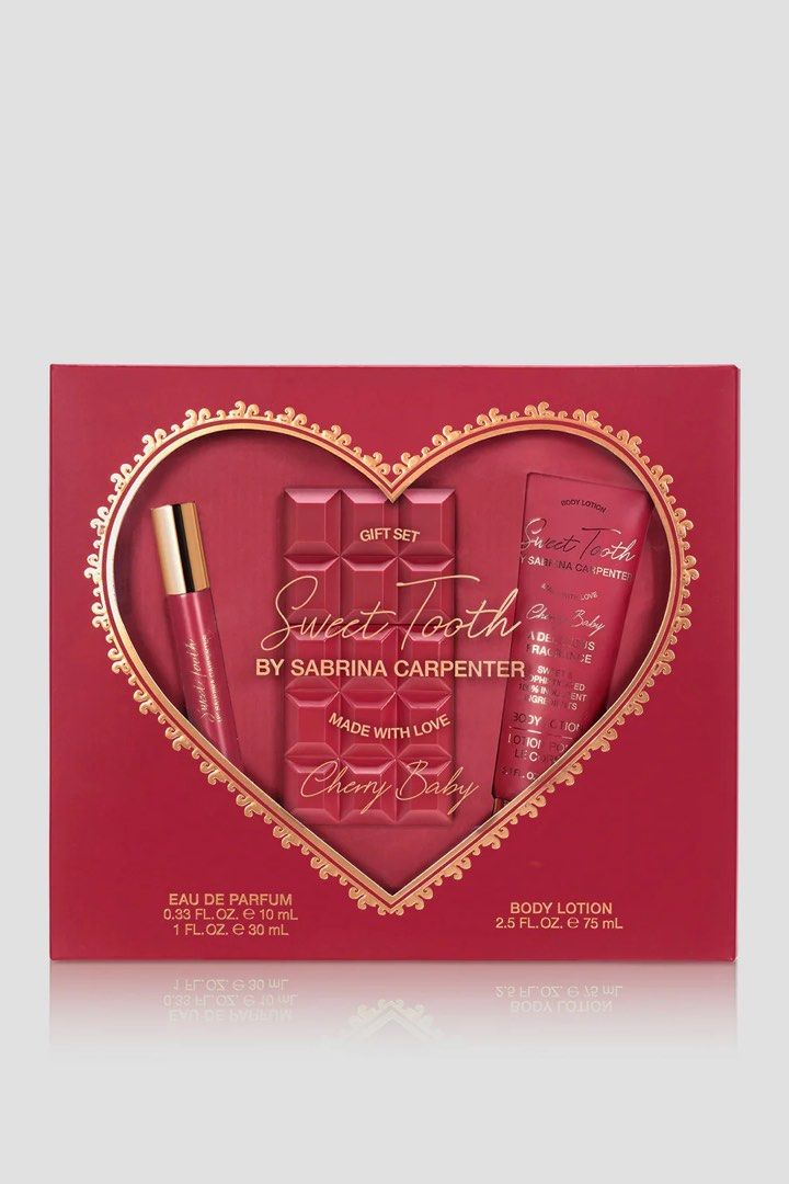 Sweet Tooth by Sabrina Carpenter Gift Set Cherry (Category: Fragrance & Deodorants) located in Manila. Submitted by stefandraboutique (Listing ID 1433565831, Image 1). Description: - Sweet Tooth by Sabrina Carpenter Gift Set - Includes: - Eau de Parfum (0.33 fl. oz., 10 mL / 1 fl. oz., 30 mL) - Body Lotion (2.5 fl. oz., 75 mL) - Presented in a heart-shaped box - Design: Red and gold - Fragrance: "Cherry Baby".