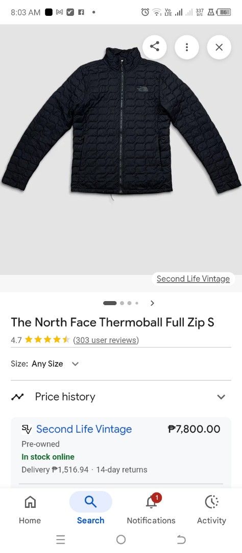 TnF Thermoball (Category: Coats, Jackets and Outerwear) located in Cabuyao City. Submitted by khode025 (Listing ID 1433403349, Image 1). Description: TnF Thermoball small on tag width:21 length:26.5 has issues missing zipper pull on the right pocket repaired rips on left shoulder and burn mark on right waist 10/10 color rate packable down jacket 880 Only.
